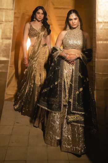 Shop_Itrh_Gold Organza, Net Mirrors, Gota Patti High Kasturi Wagh Embellished Lehenga Set 