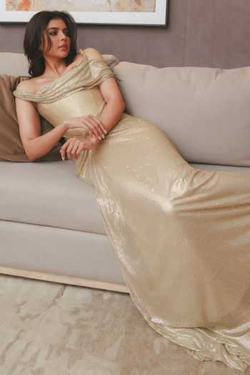 Itrh_Gold Net Sequins Off-shoulder Celeste Draped Gown _Online_at_Aza_Fashions