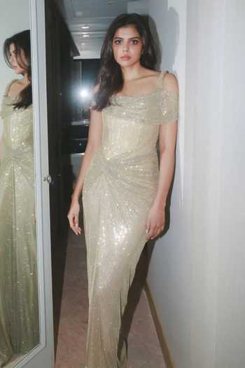 Buy_Itrh_Gold Net Sequins Off-shoulder Celeste Draped Gown _Online_at_Aza_Fashions
