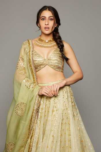 Itrh_Green Chanderi, Silk Organza, Lampi Gota Patti V-neck Lehja Panelled Lehenga Set _Online_at_Aza_Fashions