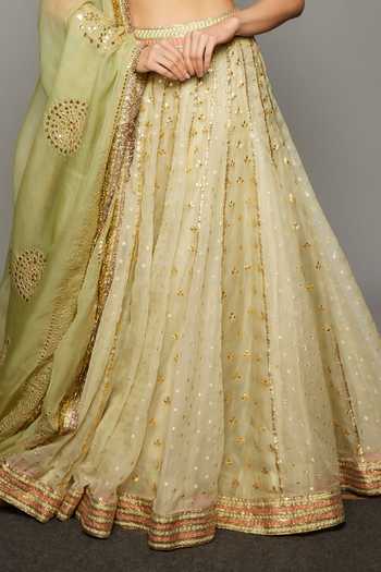 Shop_Itrh_Green Chanderi, Silk Organza, Lampi Gota Patti V-neck Lehja Panelled Lehenga Set _Online_at_Aza_Fashions