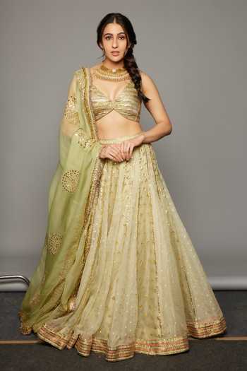 Itrh_Green Chanderi, Silk Organza, Lampi Gota Patti V-neck Lehja Panelled Lehenga Set _at_Aza_Fashions