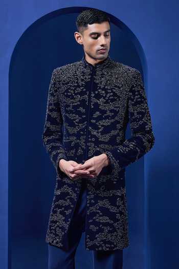Sarab Khanijou_Navy Velvet Sequins, Pearls, Zari, Cut Work Embroidered Sherwani And Trouser Set _Online_at_Aza_Fashions
