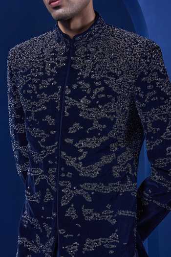 Buy_Sarab Khanijou_Navy Velvet Sequins, Pearls, Zari, Cut Work Embroidered Sherwani And Trouser Set _Online_at_Aza_Fashions