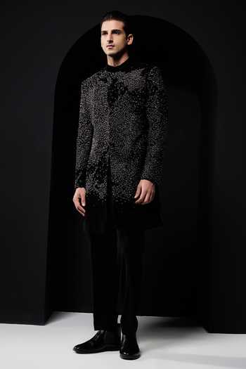 Buy_Sarab Khanijou_Black Velvet Beads, Pearls, Zari Embellished Sherwani Jacket And Trouser Set _Online_at_Aza_Fashions
