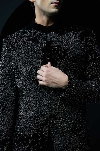 Shop_Sarab Khanijou_Black Velvet Beads, Pearls, Zari Embellished Sherwani Jacket And Trouser Set _Online_at_Aza_Fashions