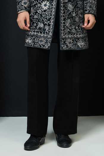 Sarab Khanijou_Teal Velvet Pearls, Sequins, Cut Work Embroidered Sherwani Jacket And Trouser Set _Online_at_Aza_Fashions