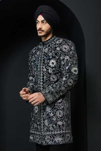 Buy_Sarab Khanijou_Teal Velvet Pearls, Sequins, Cut Work Embroidered Sherwani Jacket And Trouser Set _Online_at_Aza_Fashions