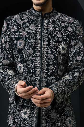 Shop_Sarab Khanijou_Teal Velvet Pearls, Sequins, Cut Work Embroidered Sherwani Jacket And Trouser Set _Online_at_Aza_Fashions