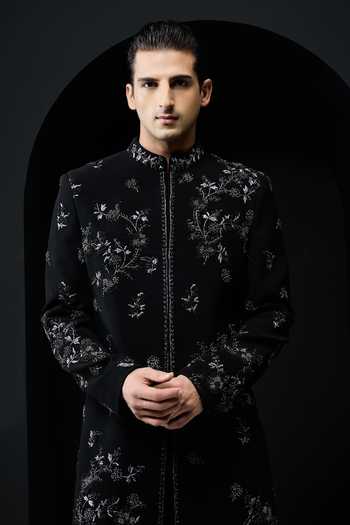 Sarab Khanijou_Black Pearls, Zari, Cut Work Embellished Sandwash Sherwani Jacket And Trouser Set _Online_at_Aza_Fashions