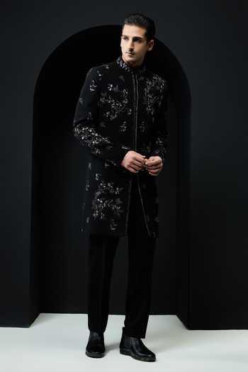Shop_Sarab Khanijou_Black Pearls, Zari, Cut Work Embellished Sandwash Sherwani Jacket And Trouser Set _Online_at_Aza_Fashions