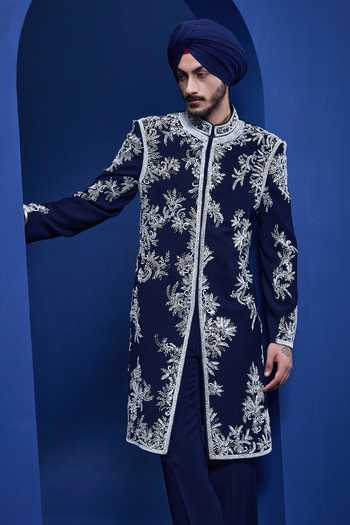 Buy Sarab Khanijou Navy Sequins, Pearls, Cut Work Embroidered Sherwani Jacket And Trouser Set Online at Aza Fashions Buy_Sarab Khanijou_Navy Sequins, Pearls, Cut Work Embroidered Sherwani Jacket And Trouser Set _Online_at_Aza_Fashions