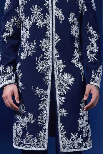 Shop Sarab Khanijou Navy Sequins, Pearls, Cut Work Embroidered Sherwani Jacket And Trouser Set Online at Aza Fashions Shop_Sarab Khanijou_Navy Sequins, Pearls, Cut Work Embroidered Sherwani Jacket And Trouser Set _Online_at_Aza_Fashions