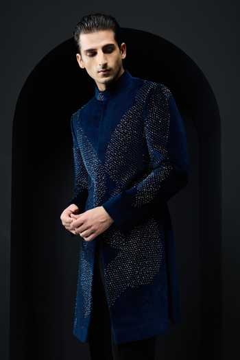 Buy_Sarab Khanijou_Teal Velvet Sequins, Pearls Tonal Embroidered Sherwani Jacket And Trouser Set _Online_at_Aza_Fashions
