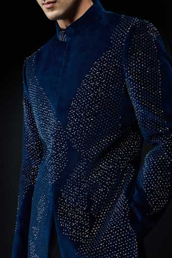 Shop_Sarab Khanijou_Teal Velvet Sequins, Pearls Tonal Embroidered Sherwani Jacket And Trouser Set _Online_at_Aza_Fashions