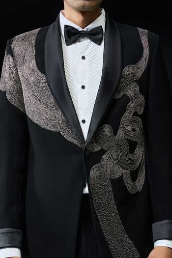 Shop Sarab Khanijou Black Zari, Pearls Placed Embellished Tuxedo Set Online at Aza Fashions Shop_Sarab Khanijou_Black Zari, Pearls Placed Embellished Tuxedo Set _Online_at_Aza_Fashions