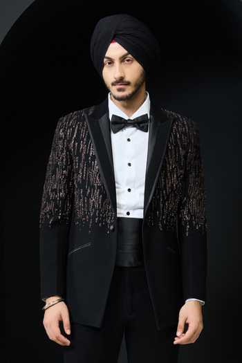 Buy_Sarab Khanijou_Black Embroidery, Sequins, Pearls Geometric Embellished Tuxedo Set  _Online_at_Aza_Fashions