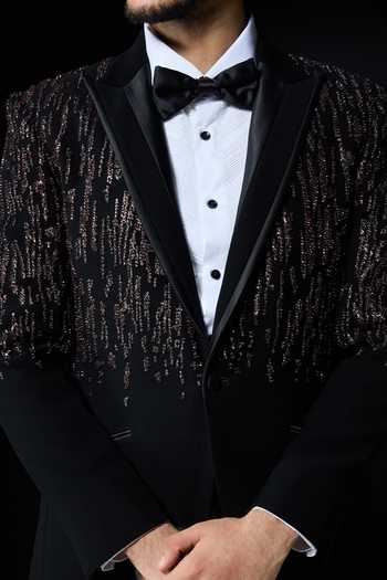 Shop_Sarab Khanijou_Black Embroidery, Sequins, Pearls Geometric Embellished Tuxedo Set  _Online_at_Aza_Fashions