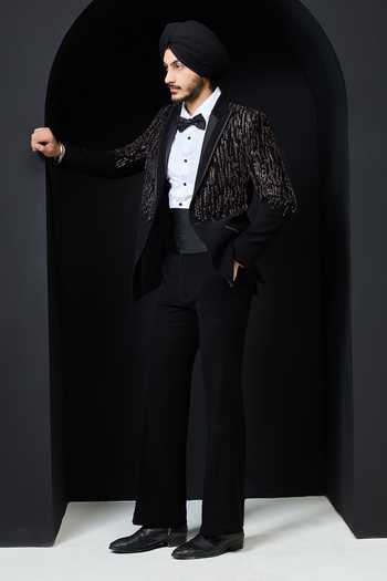 Sarab Khanijou_Black Embroidery, Sequins, Pearls Geometric Embellished Tuxedo Set  _at_Aza_Fashions