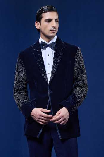 Buy_Sarab Khanijou_Navy Velvet Sequins, Pearls Placed Geometric Pattern Tuxedo Set _Online_at_Aza_Fashions