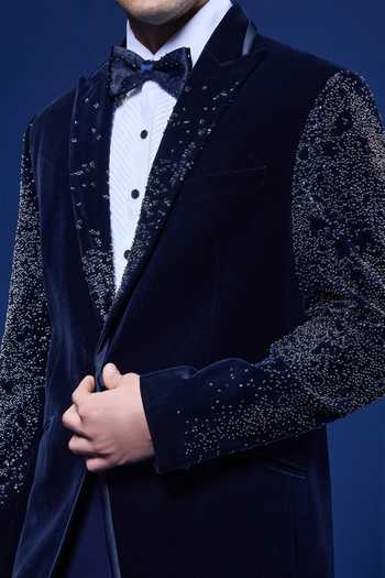 Shop_Sarab Khanijou_Navy Velvet Sequins, Pearls Placed Geometric Pattern Tuxedo Set _Online_at_Aza_Fashions