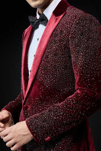 Sarab Khanijou_Wine Velvet Beads, Pearls, Crystals Embellished Tuxedo And Trouser Set _Online_at_Aza_Fashions