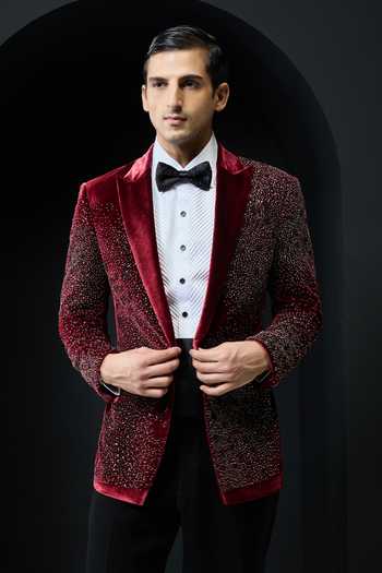Buy_Sarab Khanijou_Wine Velvet Beads, Pearls, Crystals Embellished Tuxedo And Trouser Set _Online_at_Aza_Fashions
