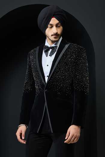 Sarab Khanijou_Black Velvet Pearls, Crystals Embellished Tuxedo Set _Online_at_Aza_Fashions