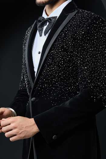Buy_Sarab Khanijou_Black Velvet Pearls, Crystals Embellished Tuxedo Set _Online_at_Aza_Fashions