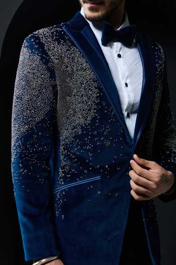 Sarab Khanijou_Blue Velvet Sequins, Pearls, Cut Work Embellished Tuxedo Set _Online_at_Aza_Fashions