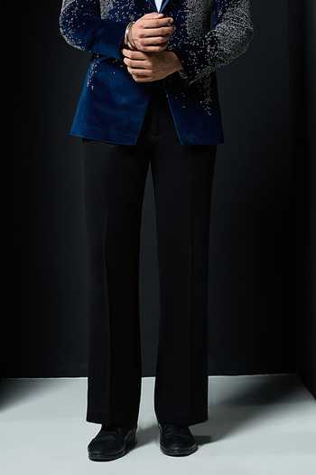 Buy_Sarab Khanijou_Blue Velvet Sequins, Pearls, Cut Work Embellished Tuxedo Set _Online_at_Aza_Fashions