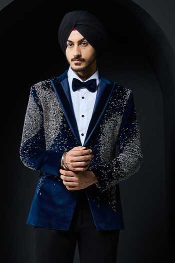 Shop_Sarab Khanijou_Blue Velvet Sequins, Pearls, Cut Work Embellished Tuxedo Set _Online_at_Aza_Fashions