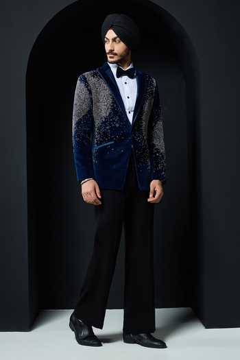 Sarab Khanijou_Blue Velvet Sequins, Pearls, Cut Work Embellished Tuxedo Set _at_Aza_Fashions