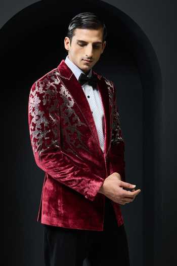 Sarab Khanijou_Wine Velvet Sequins Flower Embellished Tuxedo Set _Online_at_Aza_Fashions