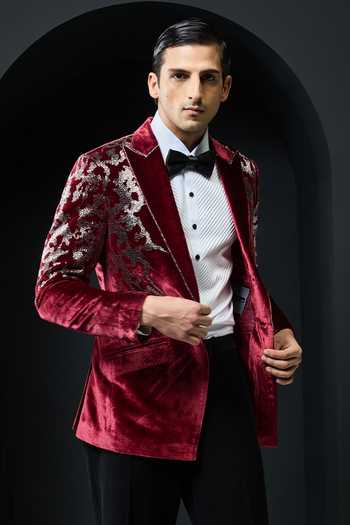 Buy_Sarab Khanijou_Wine Velvet Sequins Flower Embellished Tuxedo Set _Online_at_Aza_Fashions