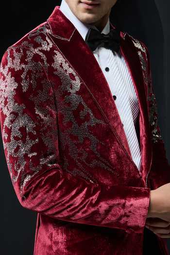 Shop_Sarab Khanijou_Wine Velvet Sequins Flower Embellished Tuxedo Set _Online_at_Aza_Fashions