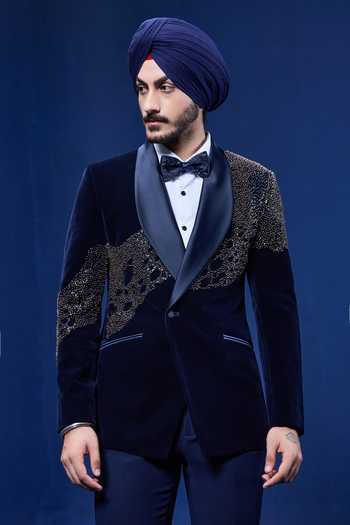 Buy_Sarab Khanijou_Navy Velvet Sequins, Beads, Pearls, Cut Work Embellished Tuxedo Set _Online_at_Aza_Fashions