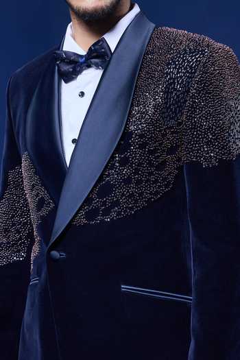 Shop_Sarab Khanijou_Navy Velvet Sequins, Beads, Pearls, Cut Work Embellished Tuxedo Set _Online_at_Aza_Fashions