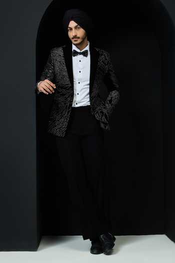 Buy_Sarab Khanijou_Black Velvet Pearls, Zari Embellished Tuxedo Set _Online_at_Aza_Fashions