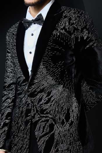 Shop_Sarab Khanijou_Black Velvet Pearls, Zari Embellished Tuxedo Set _Online_at_Aza_Fashions