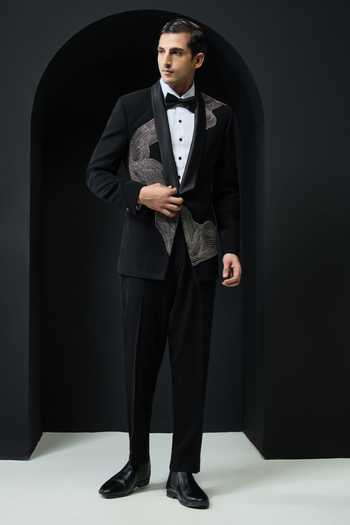 Shop_Sarab Khanijou_Black Pearls, Zari, Cut Work Abstract Pattern Tuxedo Set _Online_at_Aza_Fashions