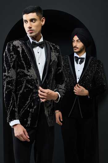 Sarab Khanijou_Black Velvet Sequins, Pearls, Stones, Cut Work Embellished Tuxedo Set _Online_at_Aza_Fashions