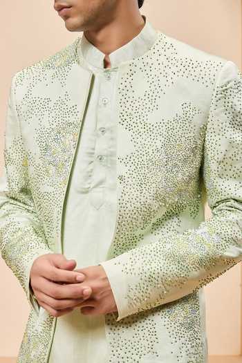 Buy Sarab Khanijou Green Chanderi Silk Embroidery, Sequins, Pearls Bandhgala Set Online at Aza Fashions Buy_Sarab Khanijou_Green Chanderi Silk Embroidery, Sequins, Pearls Bandhgala Set _Online_at_Aza_Fashions