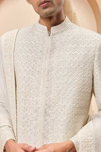 Shop_Sarab Khanijou_Ivory Silk Pearls, Sequins, Embroidery Raw Sherwani Set _Online_at_Aza_Fashions