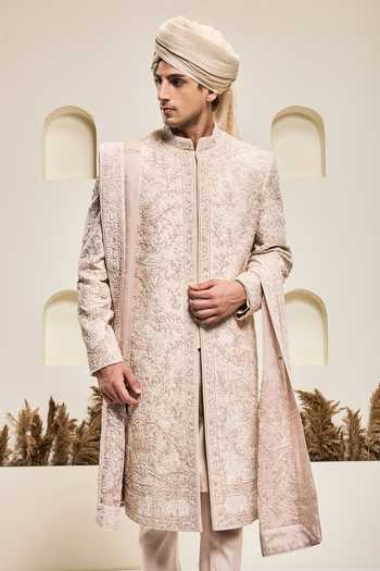 Sarab Khanijou_Pink Silk Embroidery, Sequins, Pearls Tonal Raw Sherwani Set _Online_at_Aza_Fashions