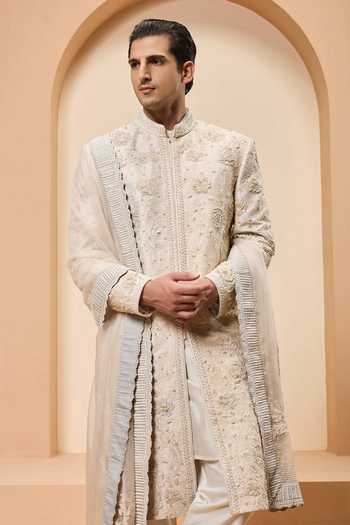 Sarab Khanijou Ivory Silk Sequins, Pearls Raw Embroidered Sherwani Set Online at Aza Fashions Sarab Khanijou_Ivory Silk Sequins, Pearls Raw Embroidered Sherwani Set _Online_at_Aza_Fashions