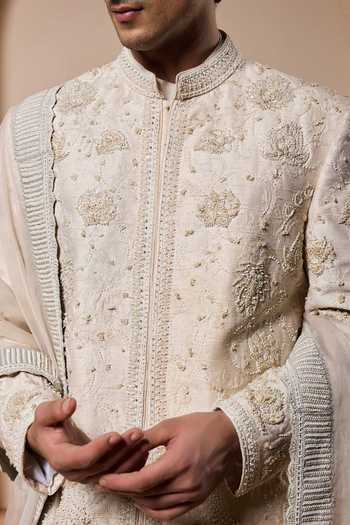 Buy Sarab Khanijou Ivory Silk Sequins, Pearls Raw Embroidered Sherwani Set Online at Aza Fashions Buy_Sarab Khanijou_Ivory Silk Sequins, Pearls Raw Embroidered Sherwani Set _Online_at_Aza_Fashions