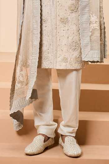 Shop Sarab Khanijou Ivory Silk Sequins, Pearls Raw Embroidered Sherwani Set Online at Aza Fashions Shop_Sarab Khanijou_Ivory Silk Sequins, Pearls Raw Embroidered Sherwani Set _Online_at_Aza_Fashions