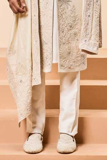 Sarab Khanijou_Ivory Silk Sequins, Pearls Matka Embridered Sherwani Set _Online_at_Aza_Fashions