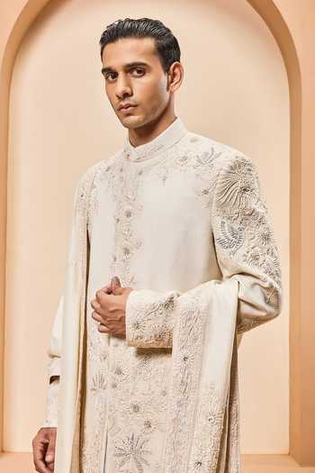 Buy_Sarab Khanijou_Ivory Silk Sequins, Pearls Matka Embridered Sherwani Set _Online_at_Aza_Fashions